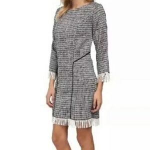 New! Sam Edelman Tweed & Fringe Gingham Midi Black/White Open Back Dress Sz M